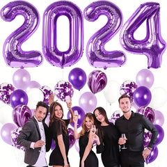 Purple Year Theme Party Balloons Set - 49pcs Number, Marble, Sequin Balloons