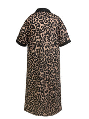 Leopard Print Lounge Dress Short Sleeve Button Up Sleep Dress