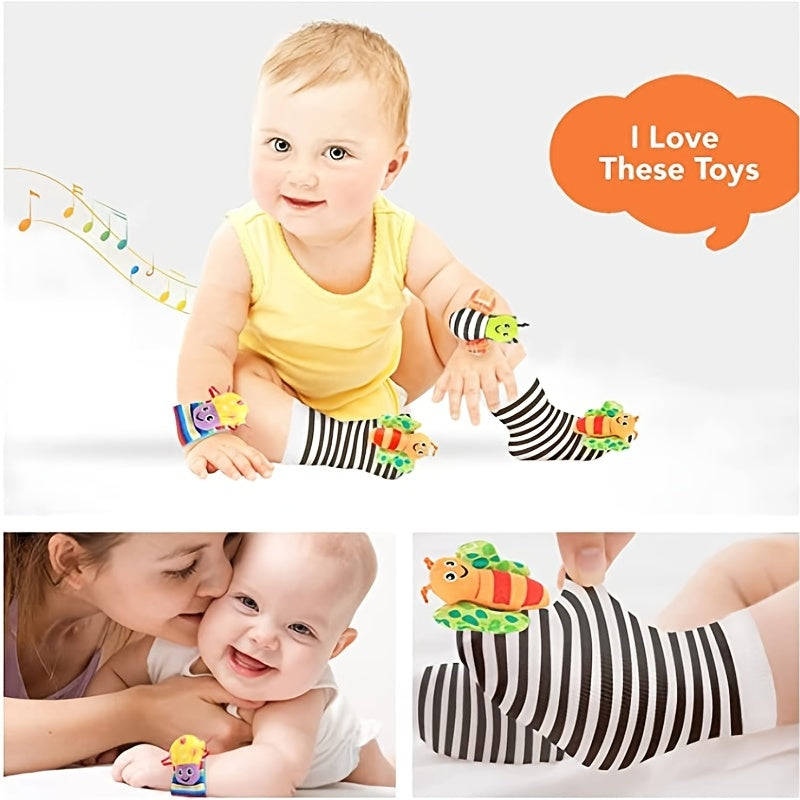 4 Pack Baby Wrist Rattle Socks & Plush Toy Set