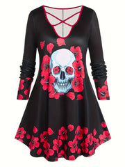 Skull & Floral Print Long Sleeve V Neck Dress