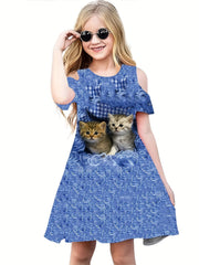 Girls 3D Kitty Graphic Cold Shoulder Dress Sweet Summer Gift