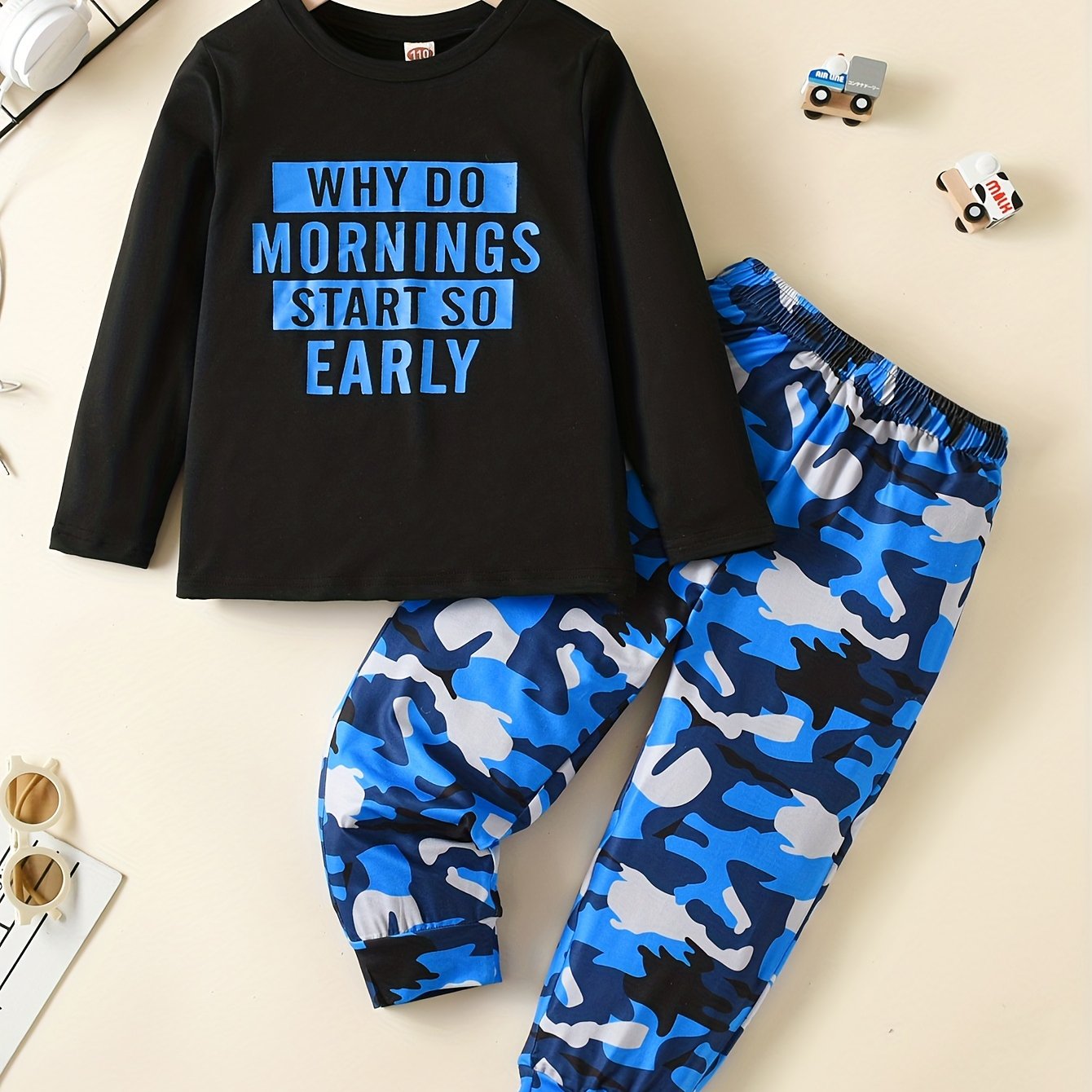 Boys Alphabet Print Top & Camo Trousers Pajama Set