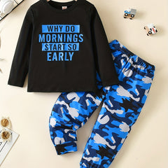 Boys Alphabet Print Top & Camo Trousers Pajama Set