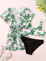 Girl's Floral Tropical Print Bikini Bathing Suit With Kimono