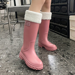 Women's Plush Knee High Rain Boots Warm Waterproof Shoes