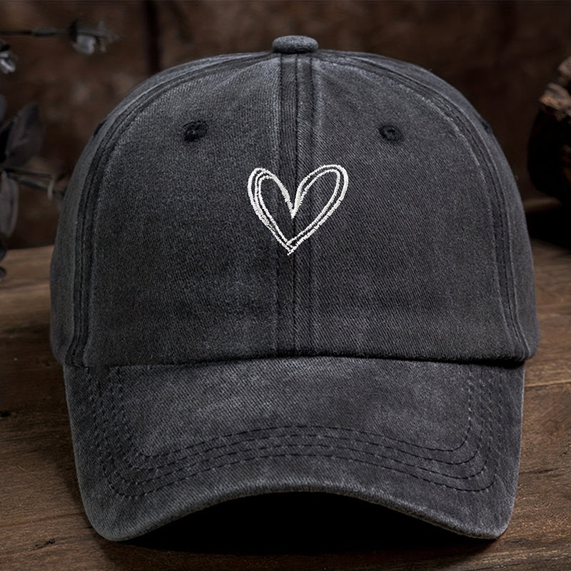 Washed Denim Heart Embroidery Baseball Cap