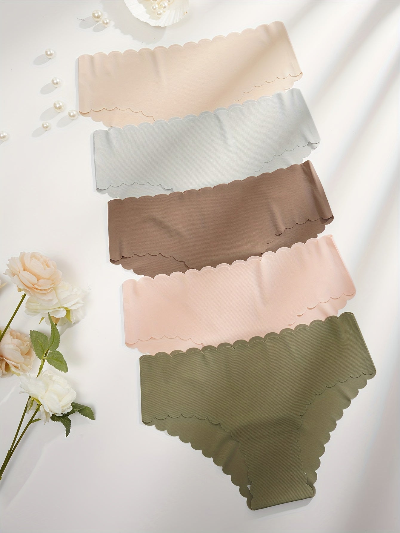 5 Seamless Scallop Trim Briefs Soft Stretchy Intimates Panties Women's Lingerie