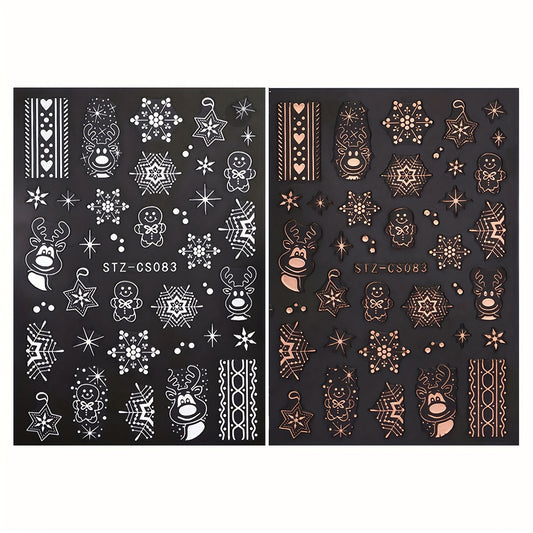 2pcs Christmas Nail Art Stickers Rose Golden & Snowflakes Gingerbread