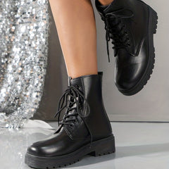 Women's Chunky Combat Boots Lace Up Faux Leather Boots