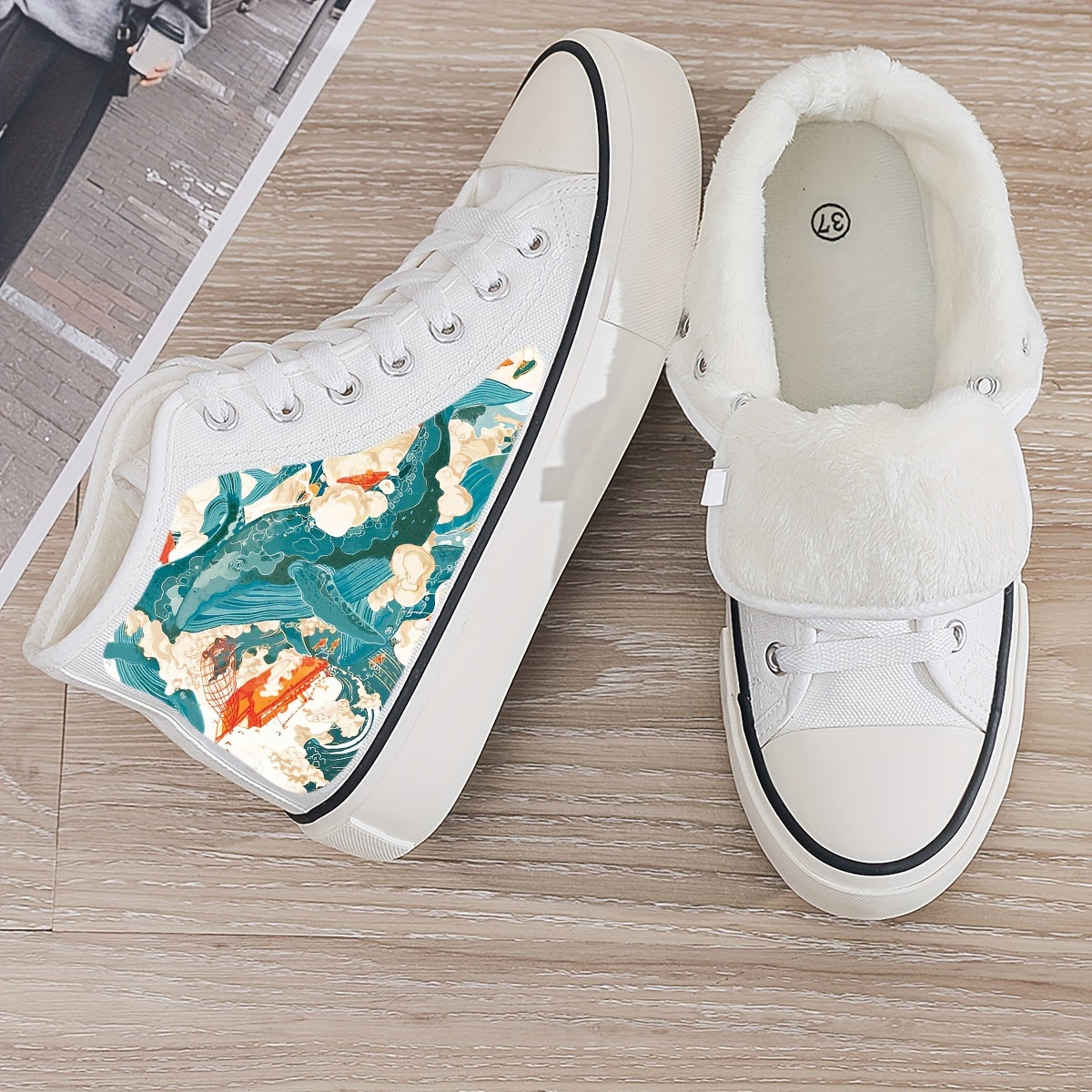 Wave Print Plush Lined Thermal Chunky Canvas Sneakers - High Top