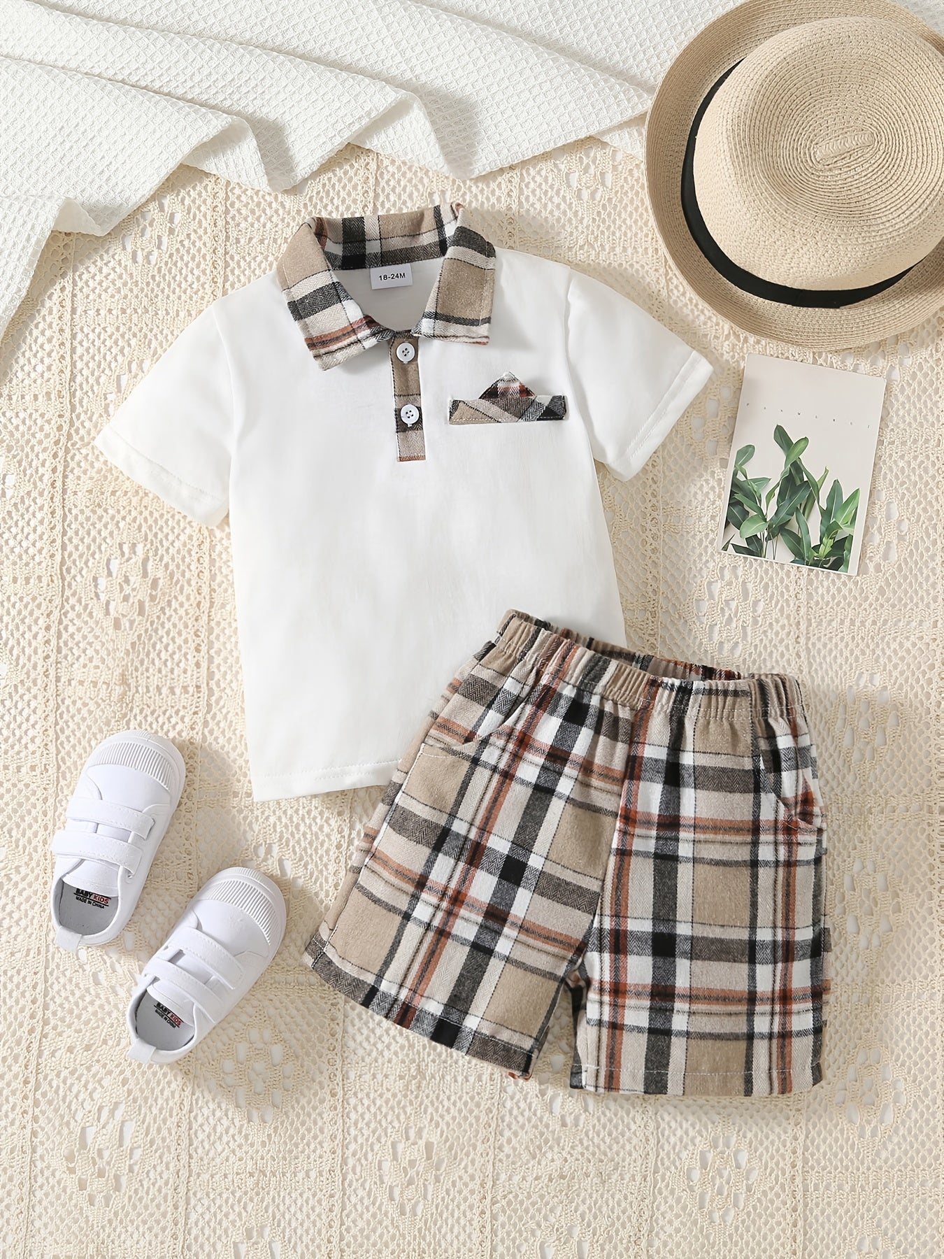 Boys Polo Shirt & Plaid Shorts Preppy Style Summer Kids Clothes