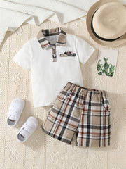 Boys Polo Shirt & Plaid Shorts Preppy Style Summer Kids Clothes