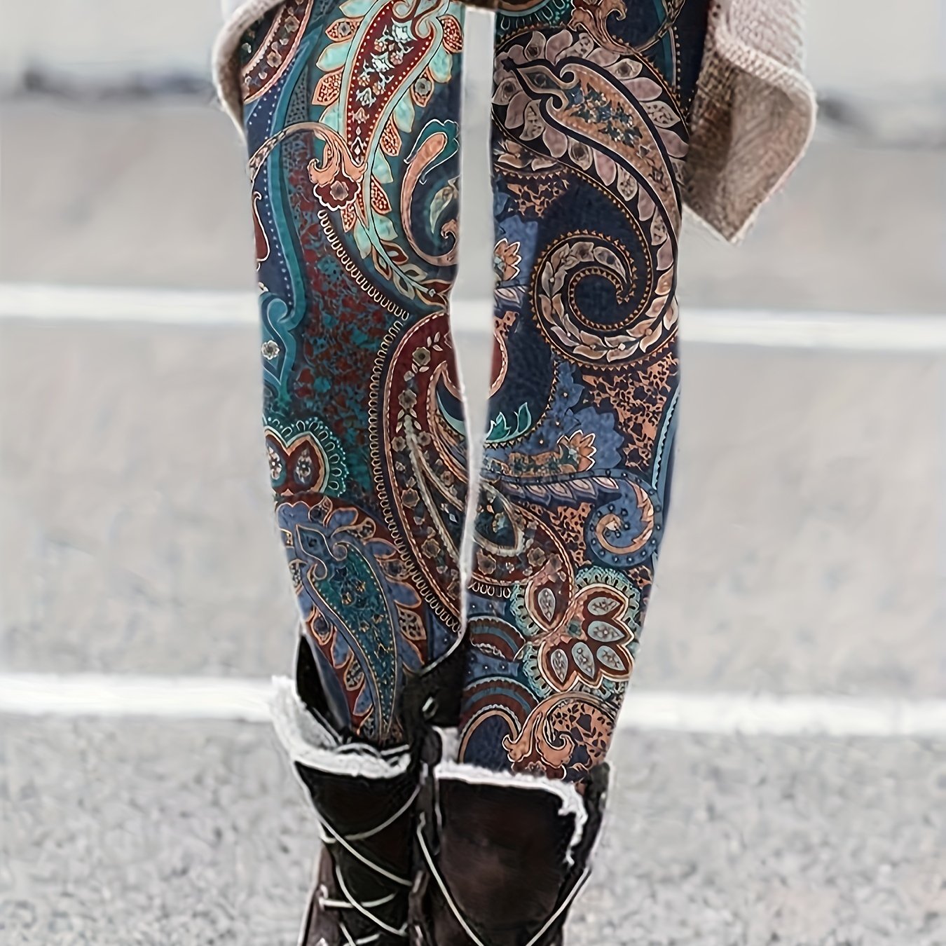 Boho Leggings Women's Plus Paisley Print Skinny Leggings