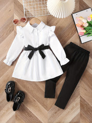 Girl's 2pcs Shirt & Pants Set Ruffle Decor Outfit For Spring Fall