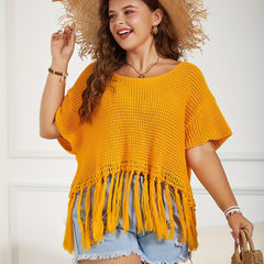 Vacay Sweater Women's Plus Solid Waffle Crochet Tassel Trim Crop Top