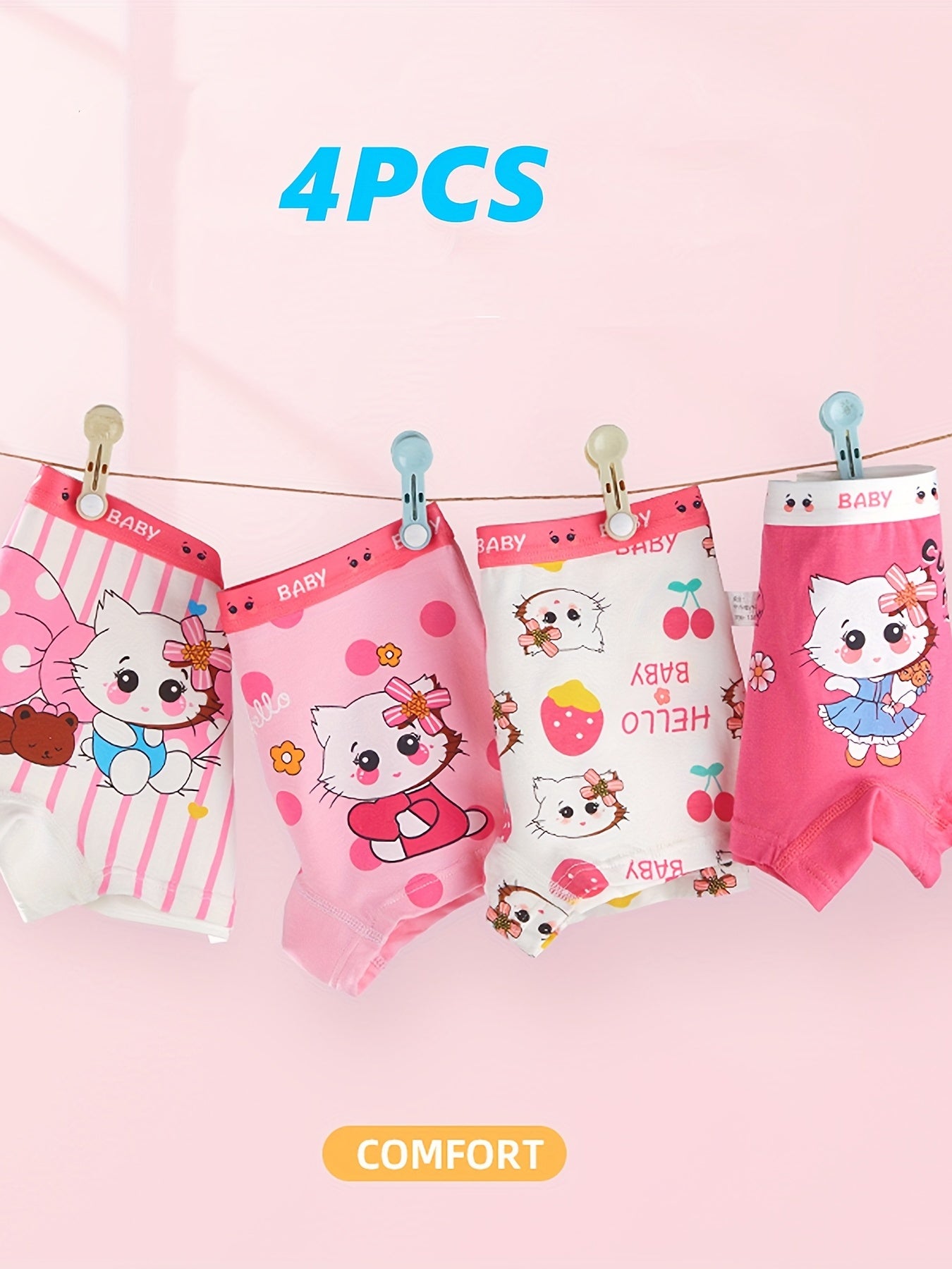 4pc Girls Cartoon Print Boxer Briefs Kids Underwear