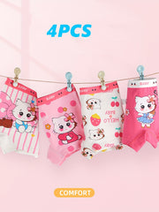 4pc Girls Cartoon Print Boxer Briefs Kids Underwear