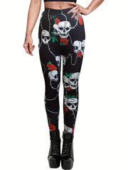 Rose Skull Print Sports Leggings Medium Stretch Fitness Leggings