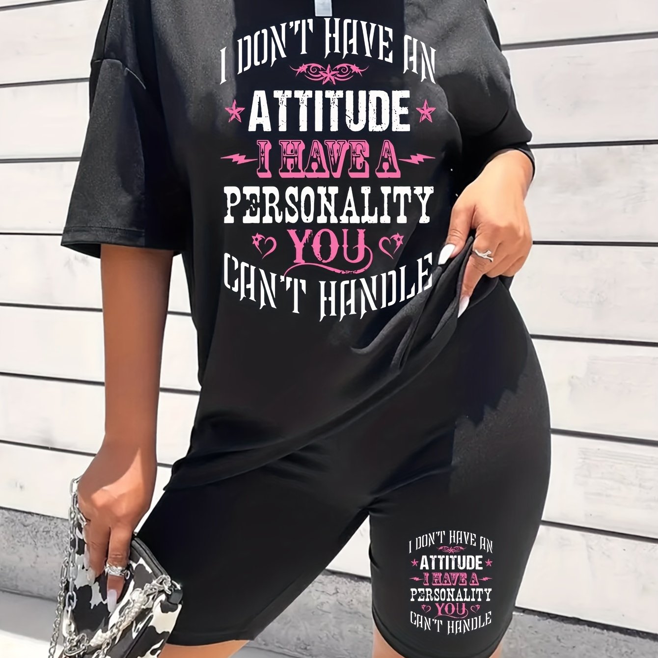 Letter Print Matching Two piece Set Casual Short Sleeve T shirt & Yoga Shorts