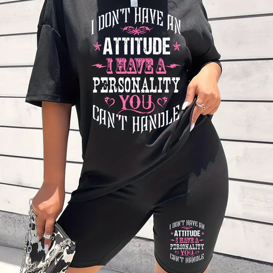 Letter Print Matching Two piece Set Casual Short Sleeve T shirt & Yoga Shorts