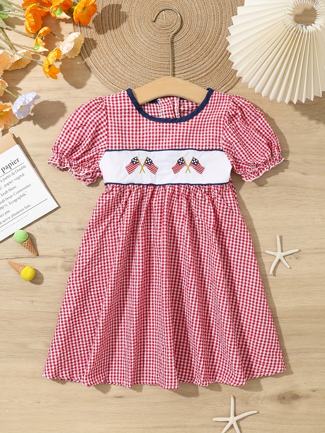Toddler Girls Plaid Short Sleeve Embroidery Crew Neck Dress
