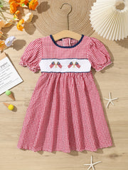 Toddler Girls Plaid Short Sleeve Embroidery Crew Neck Dress