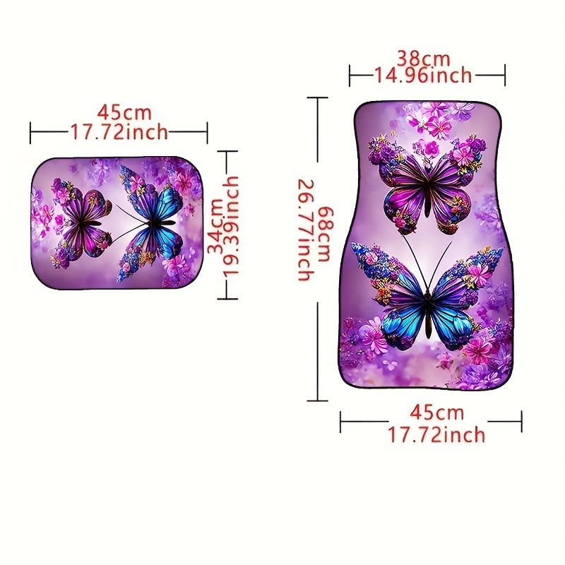 4pcs Purple Butterfly Car Floor Mats Absorbent Non-slip Stain Resistant
