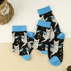 3 Pairs Cartoon Cat Print Socks Comfy & Mid Tube Socks Women's Stockings