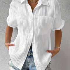 Blouse Solid Textured Batwing Sleeve Button Up Shirt