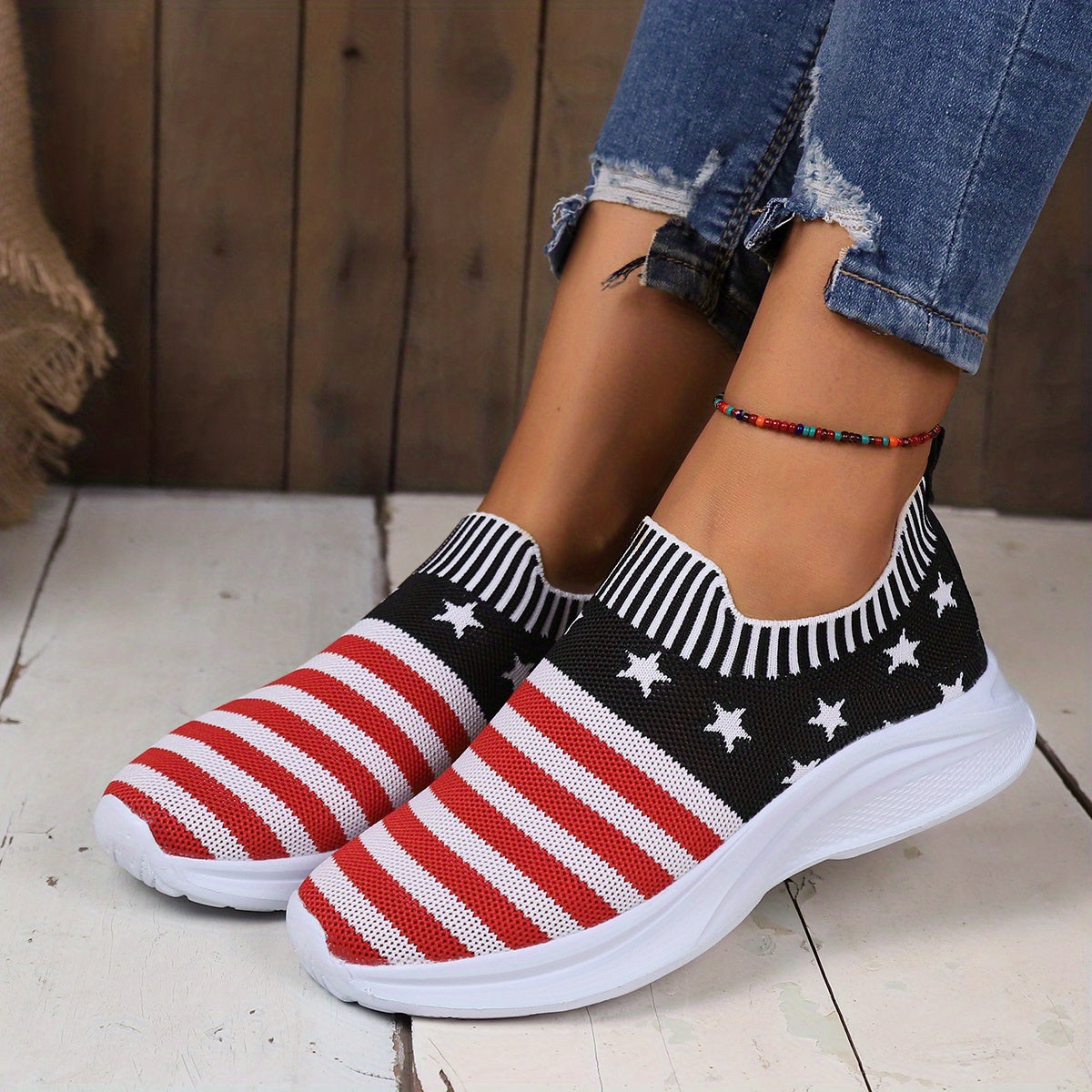 Women's Flag Pattern Sock Sneakers Low Top Slip On Knit Shoes