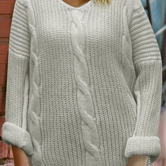 Casual Sweater Solid Cable Long Sleeve V Neck Stretch Jumper