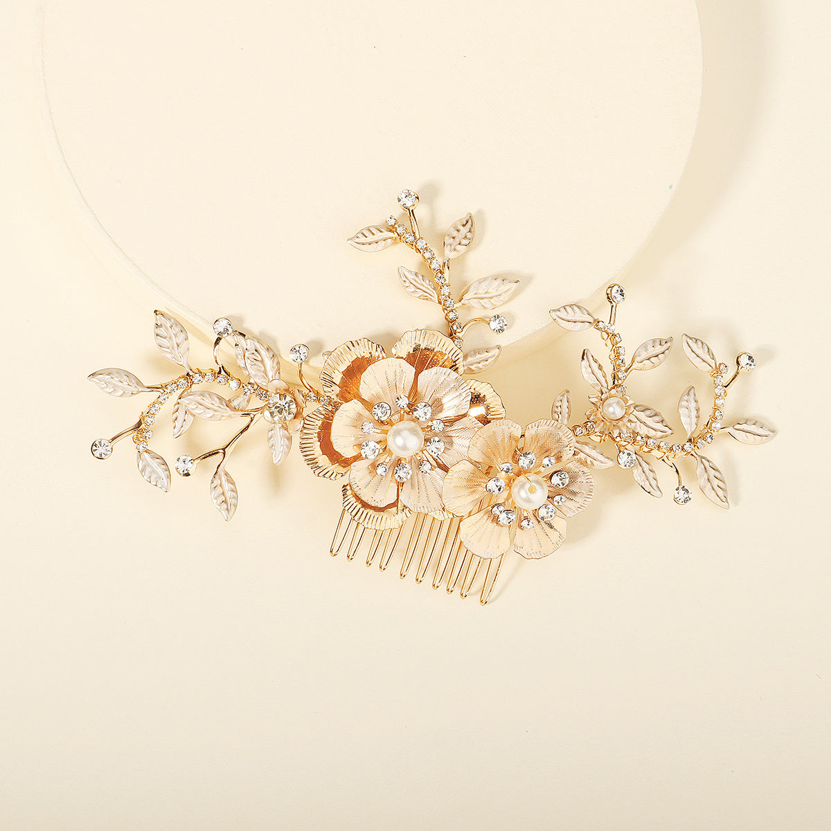 Golden Leaf Bridal Hair Comb Faux Pearl And Crystal Flower Hair Piece
