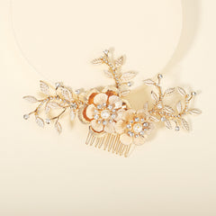 Golden Leaf Bridal Hair Comb Faux Pearl And Crystal Flower Hair Piece