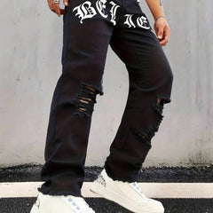 Creative Letter Print Ripped Jeans Men's Street Style Denim Pants