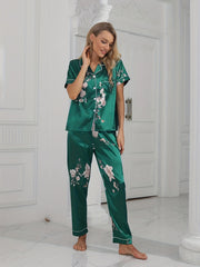 Green Floral Satin Pajama Set Short Sleeve Pocket Top & Cozy Long Pants