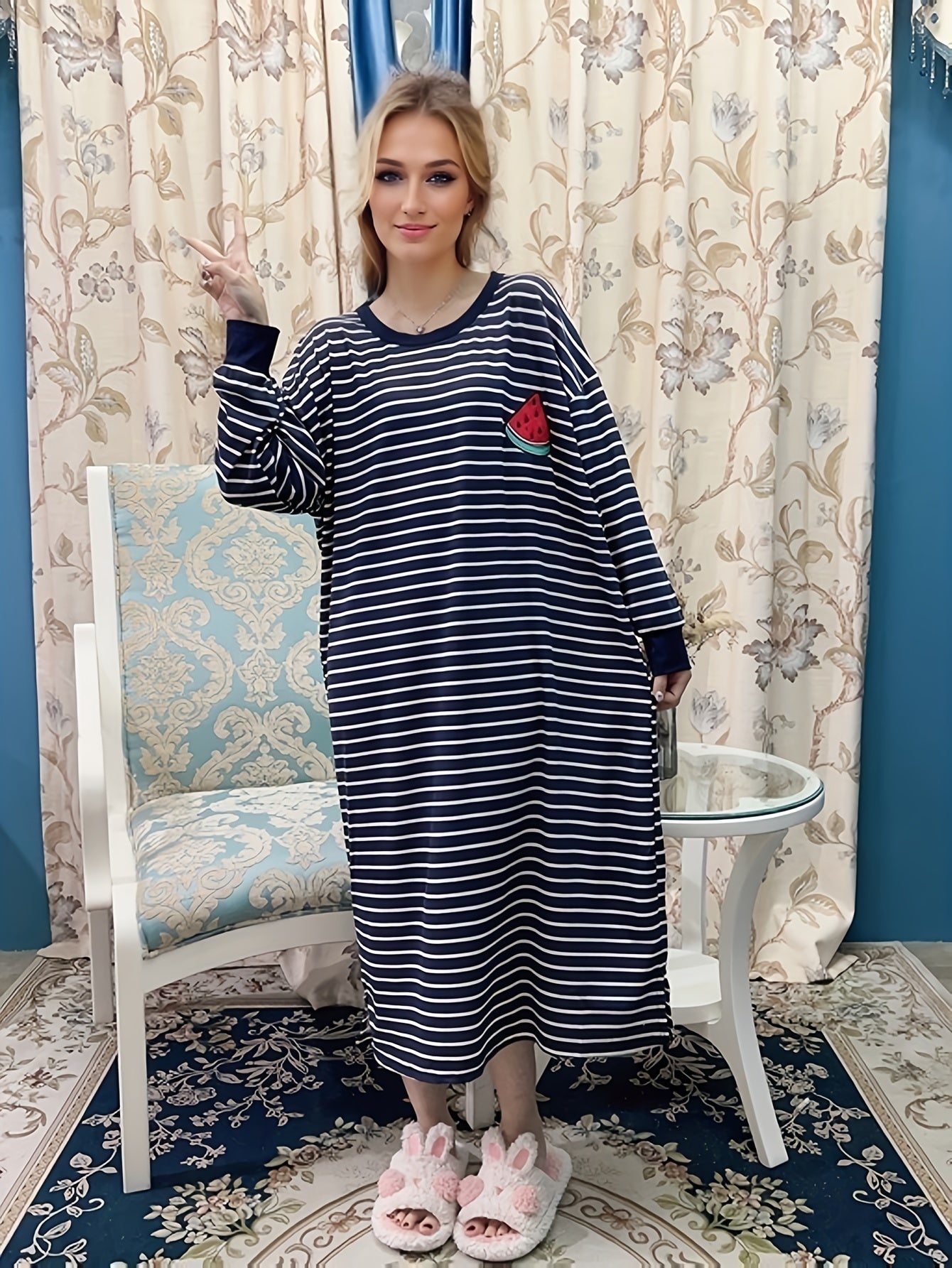 Watermelon Print Lounge Dress Long Sleeve Striped Home Dress