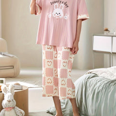 Bunny Print Pajama Set Short Sleeve Top & Heart Crop Pants Women's Sleepwear