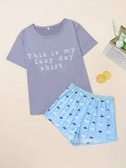 Women's Letter Print Pajama Set Crew Neck Top & Shorts