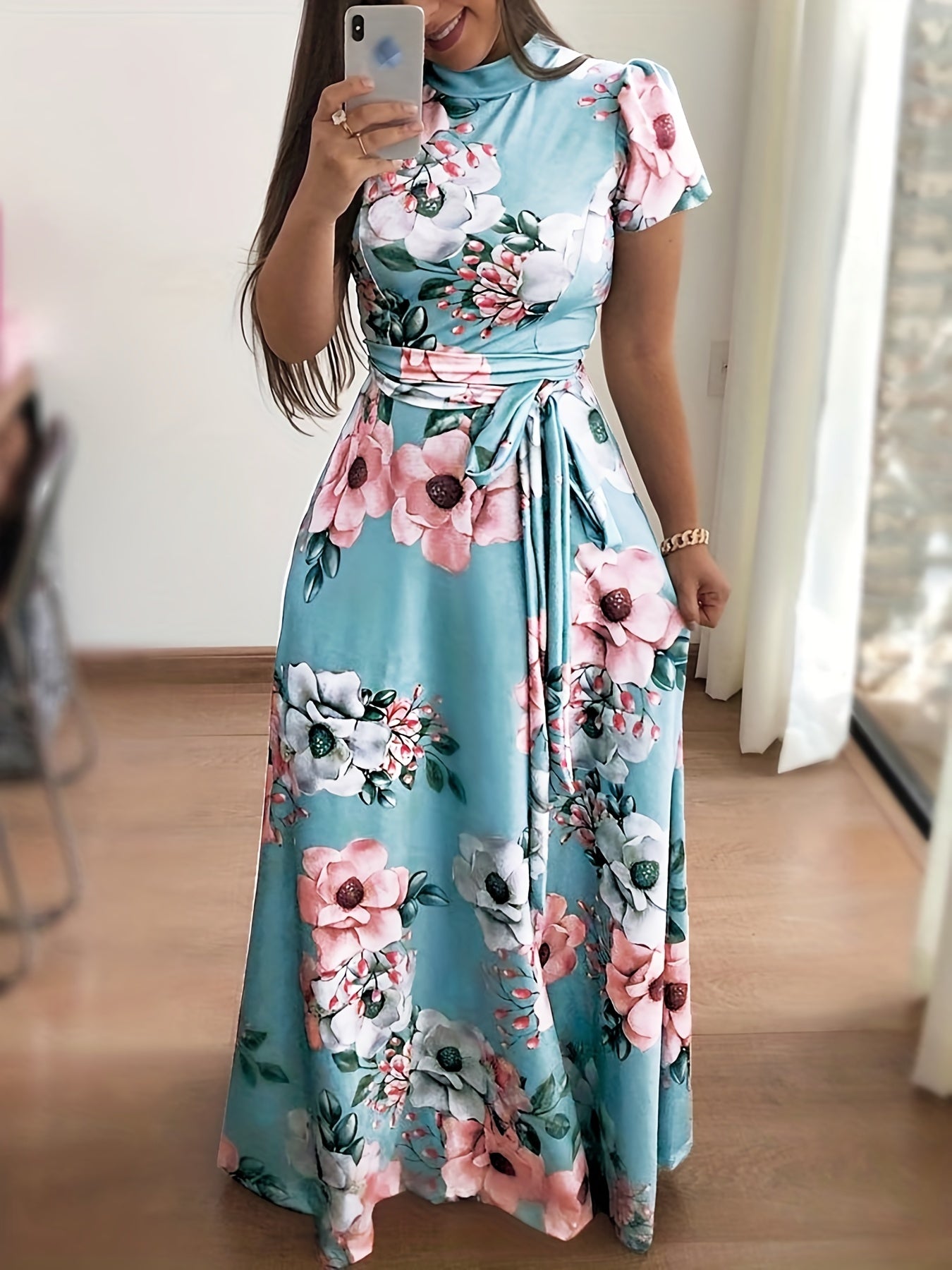 Floral Print Short Sleeve Stretch Dress