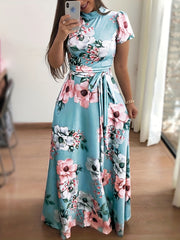 Floral Print Short Sleeve Stretch Dress