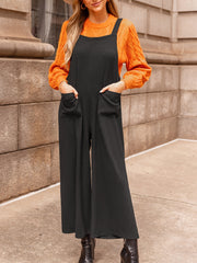 Solid Square Neck Wide Leg Overalls With Pockets