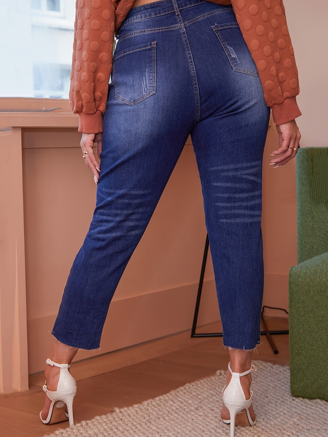 Ripped Straight Leg Cropped Jeans Women's Plus Medium Stretch Jeans