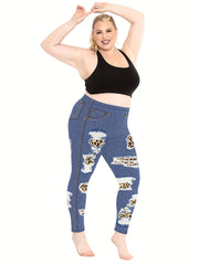 Denim & Leopard Print High Rise Fitness Leggings