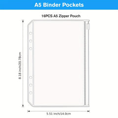 A5 Binder Pockets Money Saving Organizers Waterproof PVC Clear Zipper Pouch