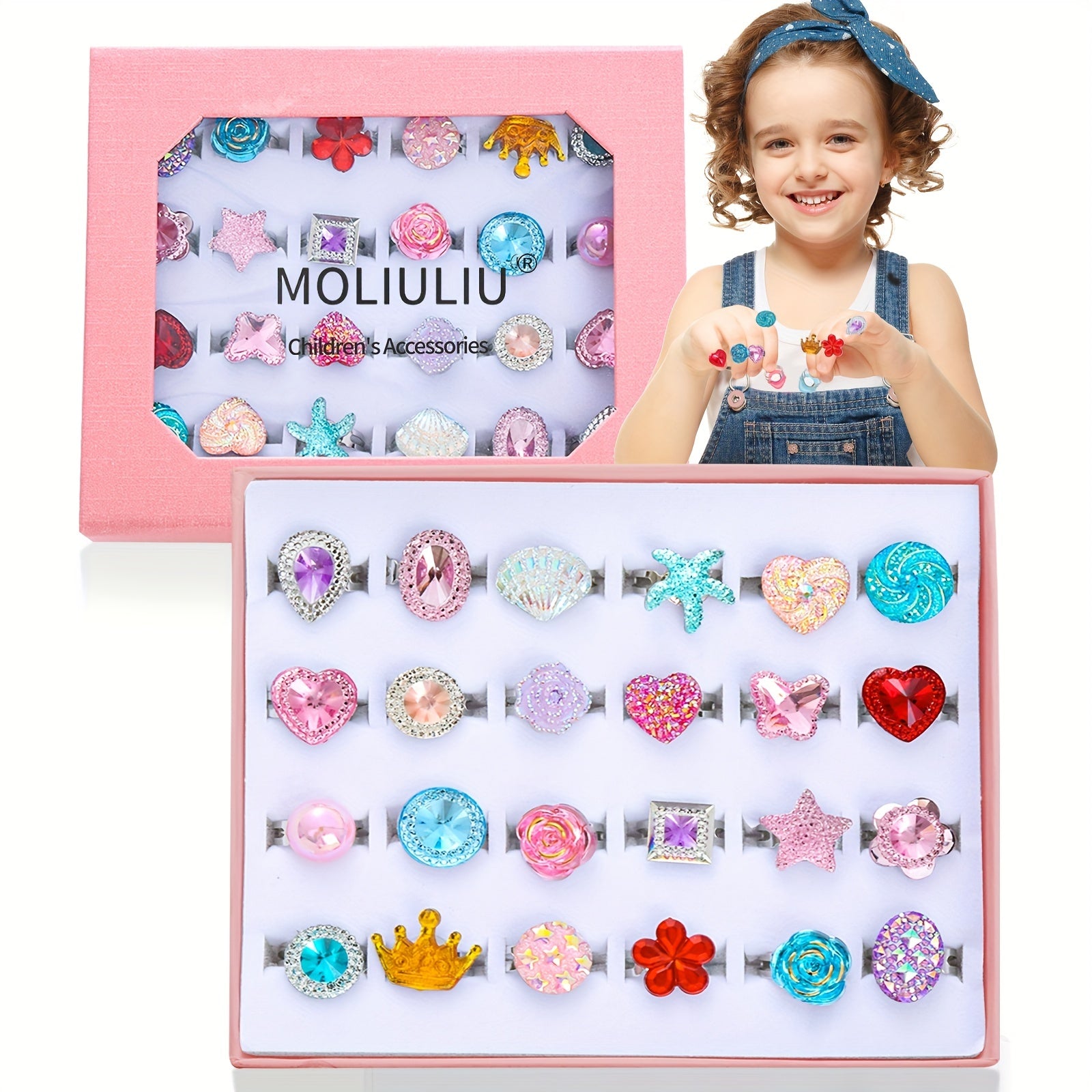 24pcs Girl Jewel Rings Adjustable No Duplication in Box
