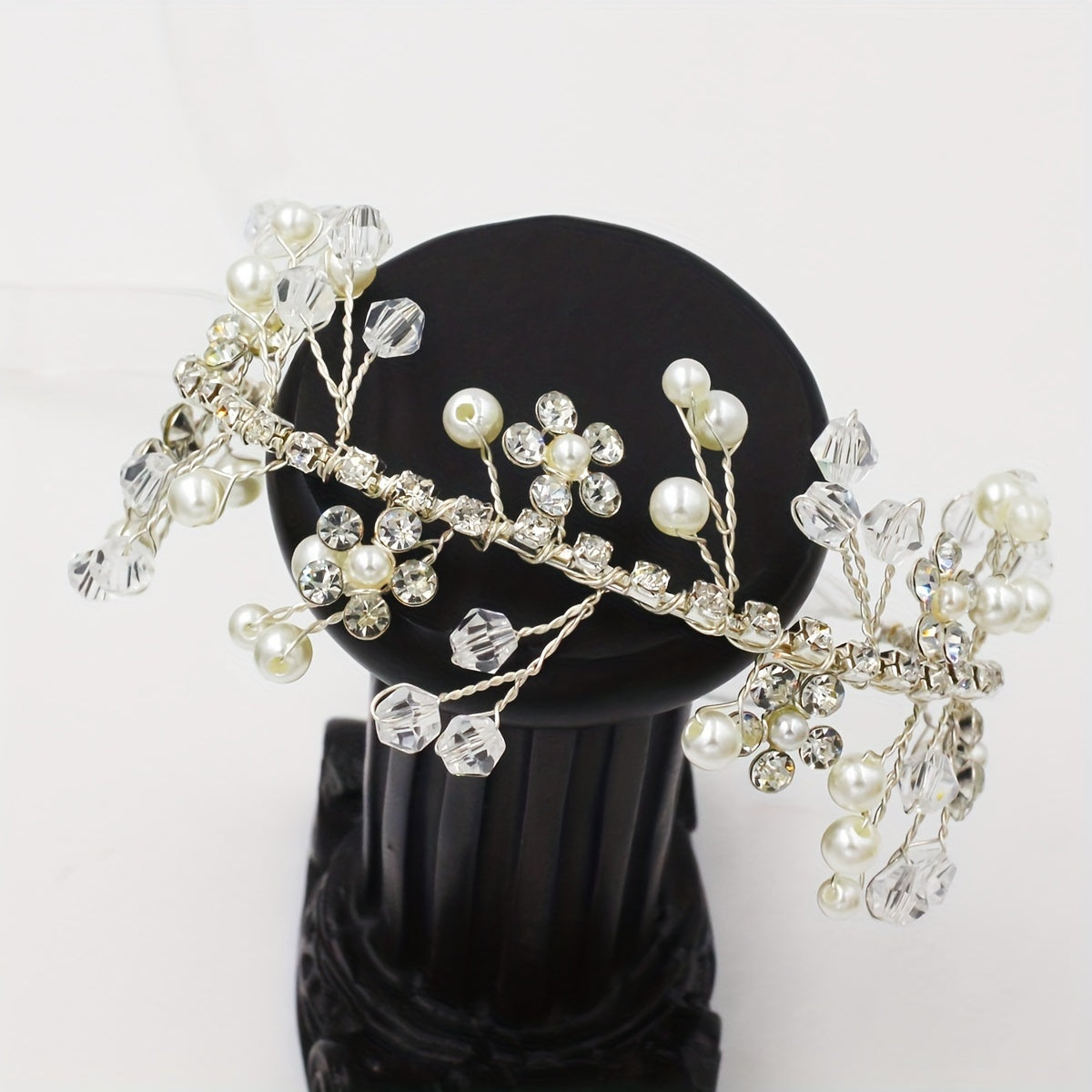 Faux Pearl Rhinestone Wristband Mesh Ribbon Bridal Wedding Accessory