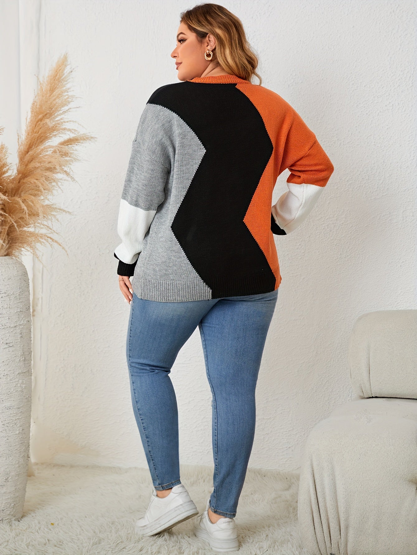 Colorblock Round Neck Sweater Women's Plus
