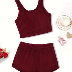 Fuzzy Lounge Set Crew Neck Tank Top & Shorts Women's Loungewear