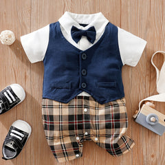 Baby Boys Plaid Tuxedo Romper With Bowtie