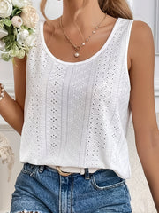 Solid Eyelet Crew Neck Tank Top Sleeveless Summer Women's Top
